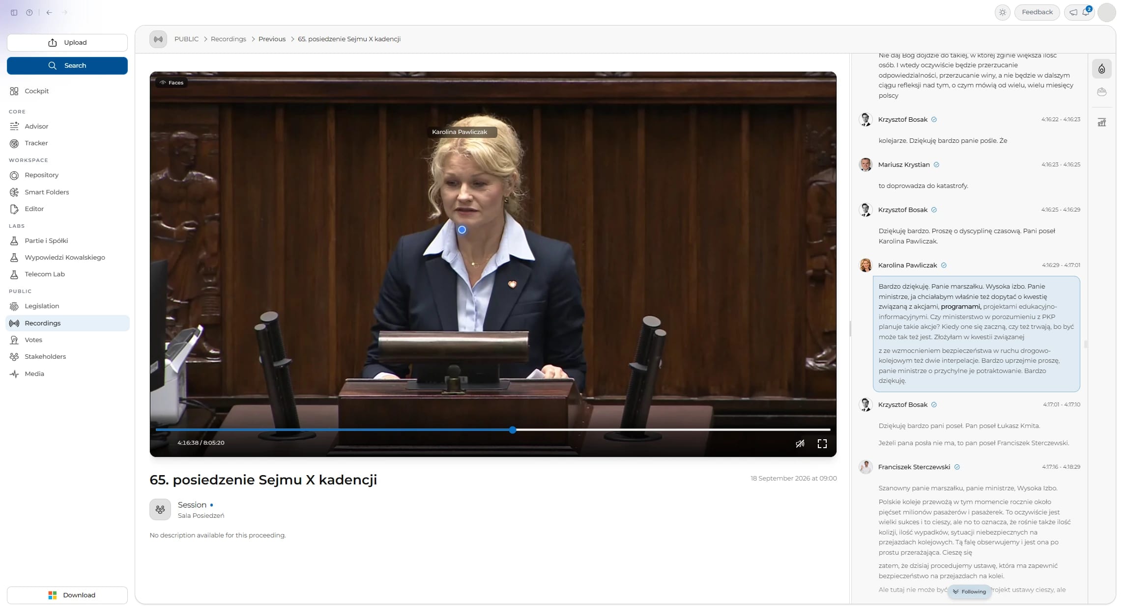 The 65th sitting of the Sejm, 18 September 2026: the speaker named on the video and in the transcript.