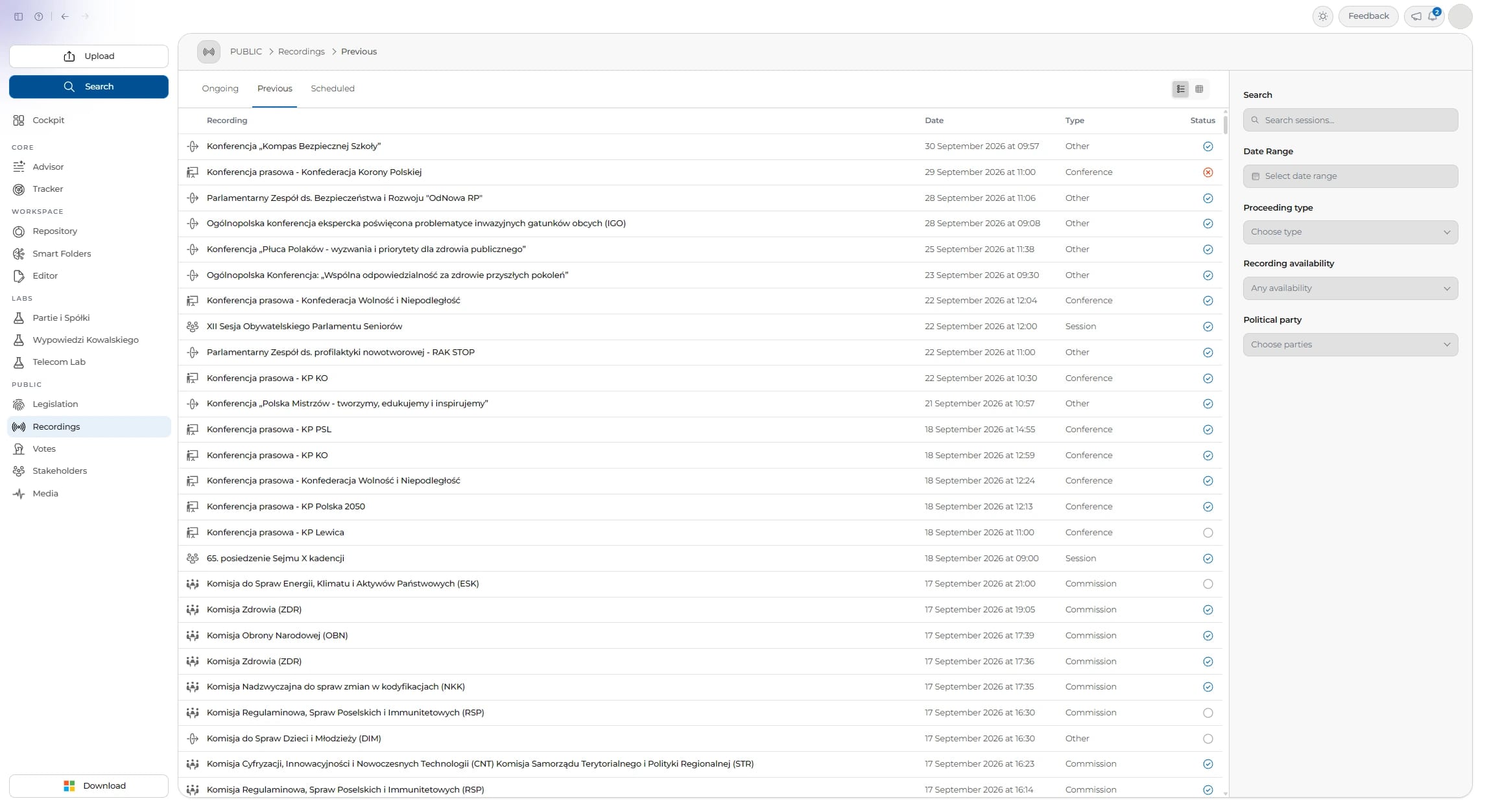 Recordings by date and type.