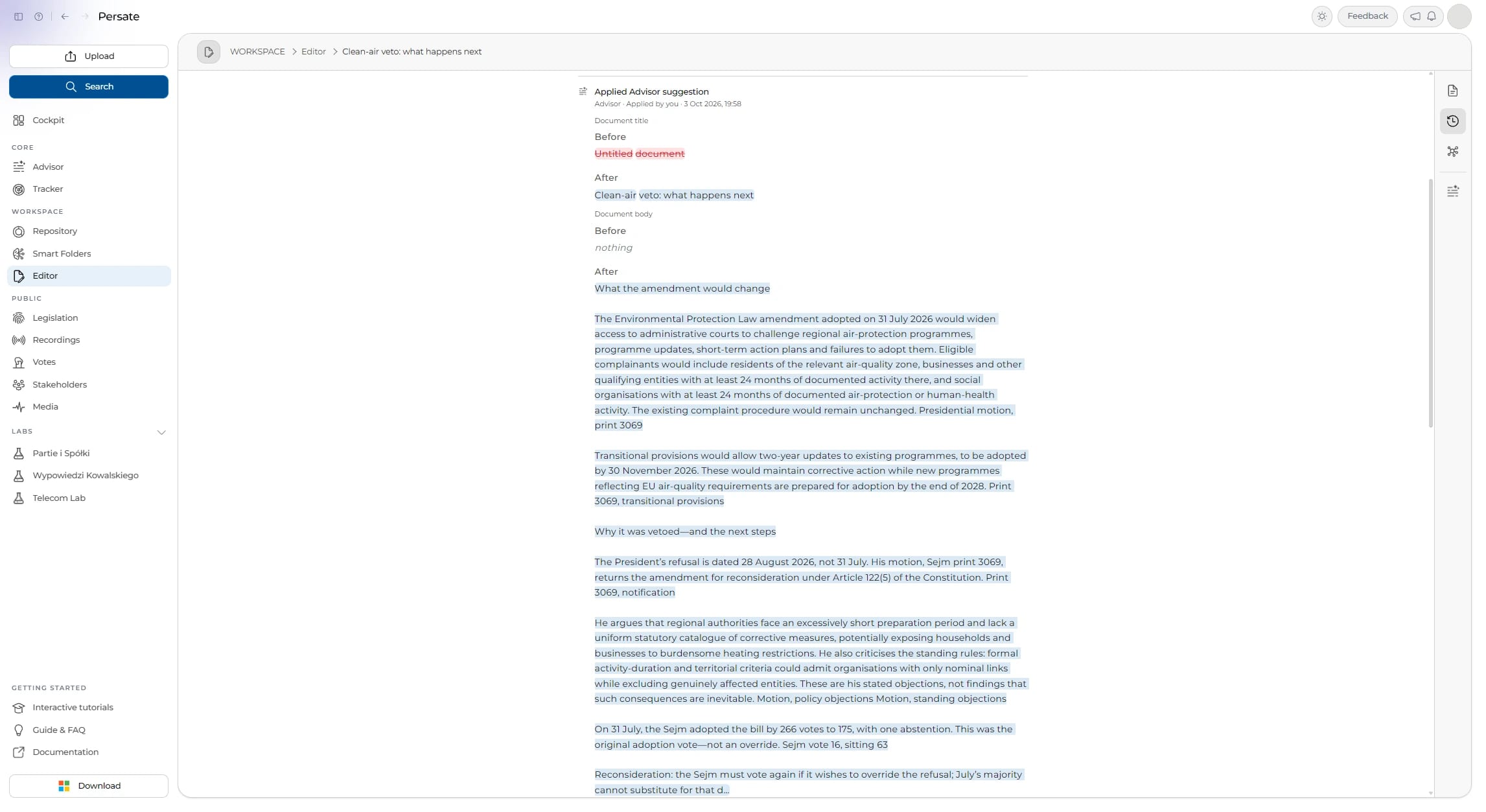 A change applied from the Advisor, before and after, in the document’s history.
