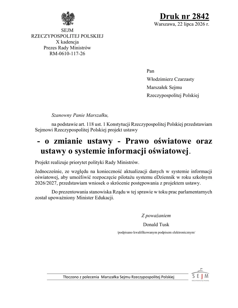 Druk nr 2842: pismo premiera do Marszałka Sejmu.