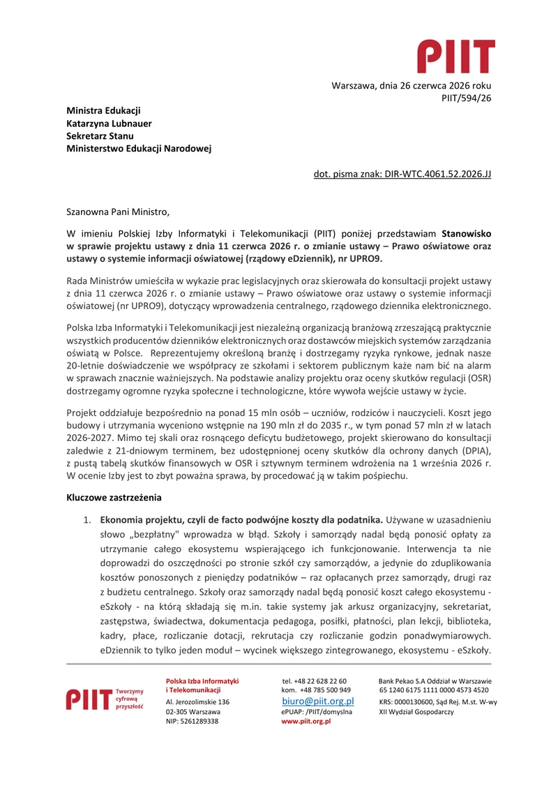 Stanowisko PIIT do projektu w oryginalnej postaci.