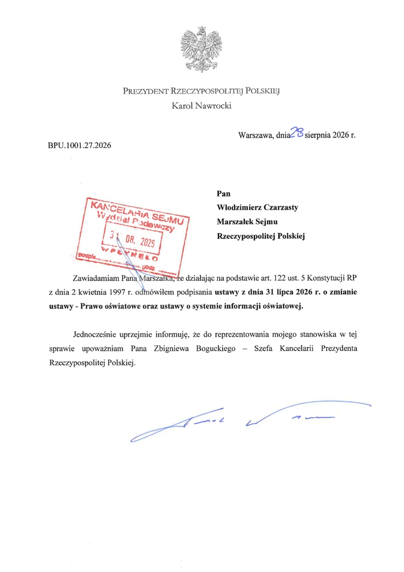 Pismo Prezydenta do Marszałka Sejmu z 28 sierpnia 2026 r.
