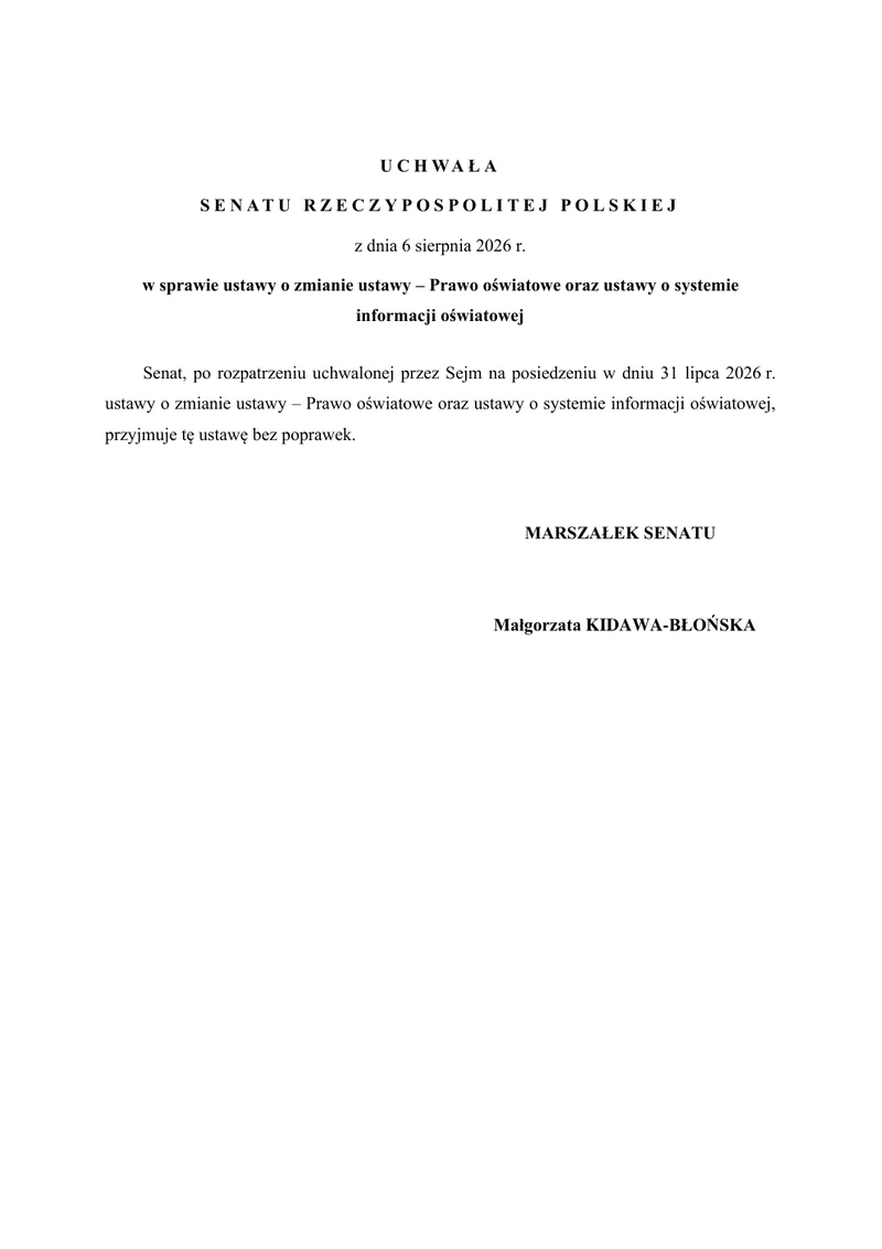 Uchwała Senatu z 6 sierpnia 2026 r.