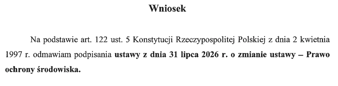 Druk nr 3069, strona 2, wniosek Prezydenta RP: „odmawiam podpisania ustawy z dnia 31 lipca 2026 r. o zmianie ustawy – Prawo ochrony środowiska”